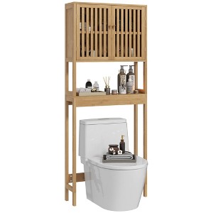 HOMCOM Bamboo Over the Toilet Storage Cabinet, Bathroom Space Saver Above Toilet with Double Slatted Doors, Adjustable Shelf and Open Shelf, Natural - 1 of 4