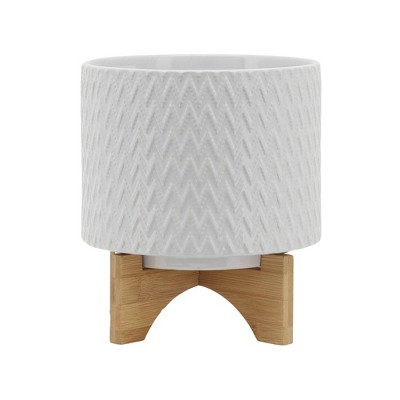 Sagebrook Home Chevron Pattern Round Ceramic Planter Pot with Wooden Stand