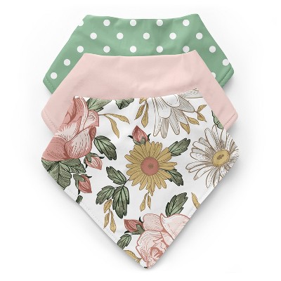 Image of Sweet Jojo Designs Girl Fabric Baby Bibs Vintage Floral Pink Green and Yellow 3pc