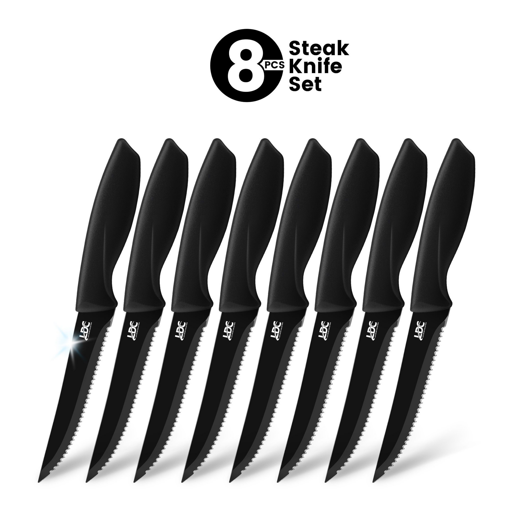 Lux Decor 8 Piece Steak Knives Set Stainless Steel Serrated Ultra Sharp Knives Dishwasher Safe High Carbon Knife Set Black