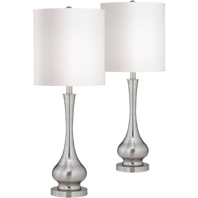 Possini Euro Design Modern Table Lamps Set of 2 Brushed Steel Tall Gourd White Drum Shade for Living Room Family Bedroom Bedside