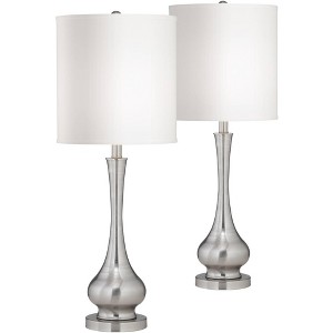 Possini Euro Design 32" Tall Gourd Large Modern End Table Lamps Set of 2 Silver Brushed Steel Finish Metal White Shade Living Room Bedroom Bedside - 1 of 4