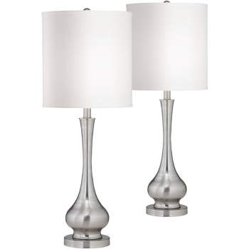 Possini Euro Design 32" Tall Gourd Large Modern End Table Lamps Set of 2 Silver Brushed Steel Finish Metal White Shade Living Room Bedroom Bedside