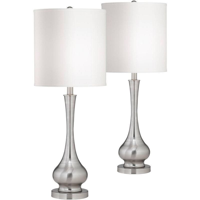 Possini Euro Design 32" Tall Gourd Large Modern End Table Lamps Set of 2 Silver Brushed Steel Finish Metal White Shade Living Room Bedroom Bedside, 1 of 9