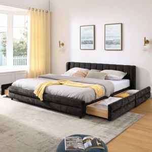 King Upholstered Bed Frame with Storage Drawers & Chenille Headboard, Modern Platform with Solid Wood Slats-3irtyhousy - 1 of 4