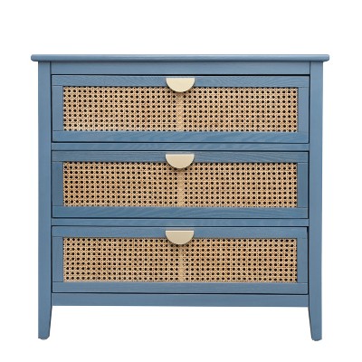 VYNXARIA Eco Chic Blue 3 Drawer Cabinet with Natural Rattan: A Slice of American Furniture Style
