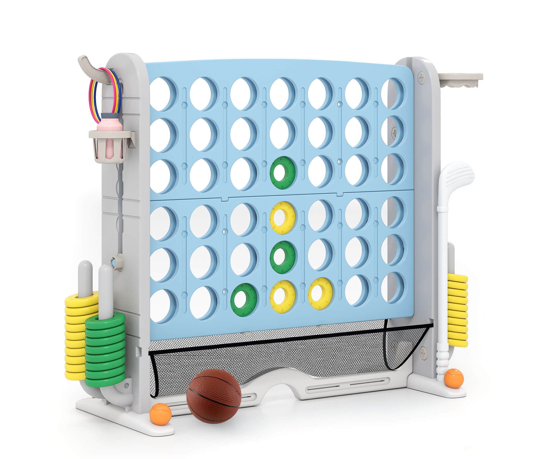 Costway Giant 4-in-a-Row Game Set with Ring-toss, Basketball Hoop, Golf Club & Cup Holders Light Blue + Gray