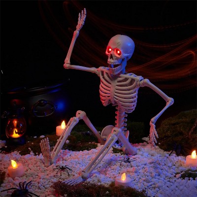 Joyfy 24'' Halloween Hanging Posable Skeleton with LED Red Glowing Eyes, Full Body Skeleton with Movable Joints, Haunted House Party Props Decor