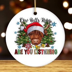 Cow Bells Ring Are You Listening Christmas Ornament, Highland Cow with Santa Hat| OrnamentallyYou - 1 of 4