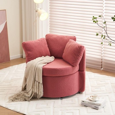 34" Swivel Accent Chair Upholstered Swivel Barrel Chair With Storage,Teddy Boucle Chair,Bucket Chair With Pillows-Maison Boucle