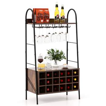 20-Bottle Freestanding Bamboo Wine Rack Cabinet with Display Shelf and Glass Hanger-Natural丨Costway