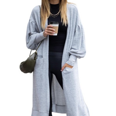 Amaryllis Women's Open Front Longline Cardigan Relaxed Fit Balloon Sleeves Cozy Knit with Side Pockets Ideal for Layering
