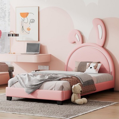CAVINAS Twin/Full Size Upholstered Leather Platform Bed with Rabbit Headboard,Wooden Bed Frame for Kids Room,Bedroom