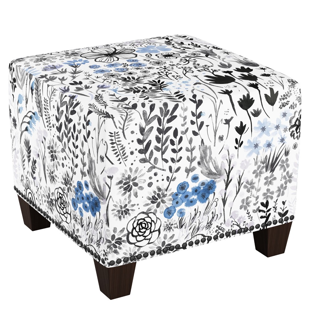 Photos - Pouffe / Bench Skyline Furniture Square Nail Button Ottoman Winter Botanical Blue