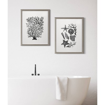 Gray Framed Black Seashells Printed Glass Coastal Wall Art, 16x20