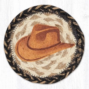 Earth Rugs Tan Cowboy Hat Round Coaster – 5"x5" Rustic Braided Jute Accent with Western Hat Print Design - 1 of 3