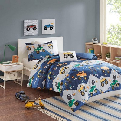 Queen Mi Zone Landon Monster Truck Printed Reversible Kids' Comforter Set  Blue : Target