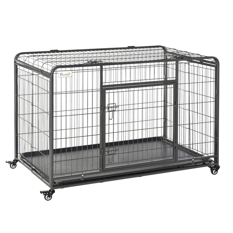 PawHut Folding Design Heavy Duty Metal Dog Cage Crate & Kennel with Removable Tray and Cover, & 4 Locking Wheels, Indoor/Outdoor, 1 of 12