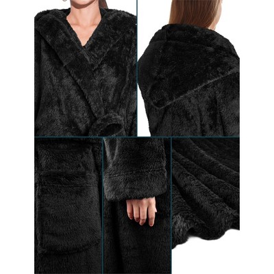 Large-X-Large Black Hooded Fleece Bathrobe with Pockets