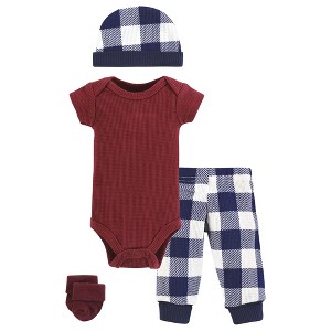 Hudson Baby Boys Thermal Preemie Layette Set 4pc Short Sleeve Outfit, Navy Plaid, Preemie - 1 of 4