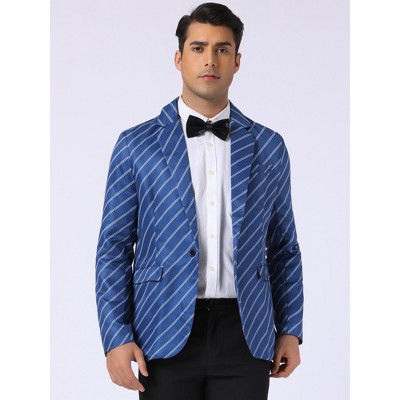 INSPIRE CHIC Men's Single Breasted Notch Lapel Business Stripes Pattern Blazer Dark Blue Large — фото 2