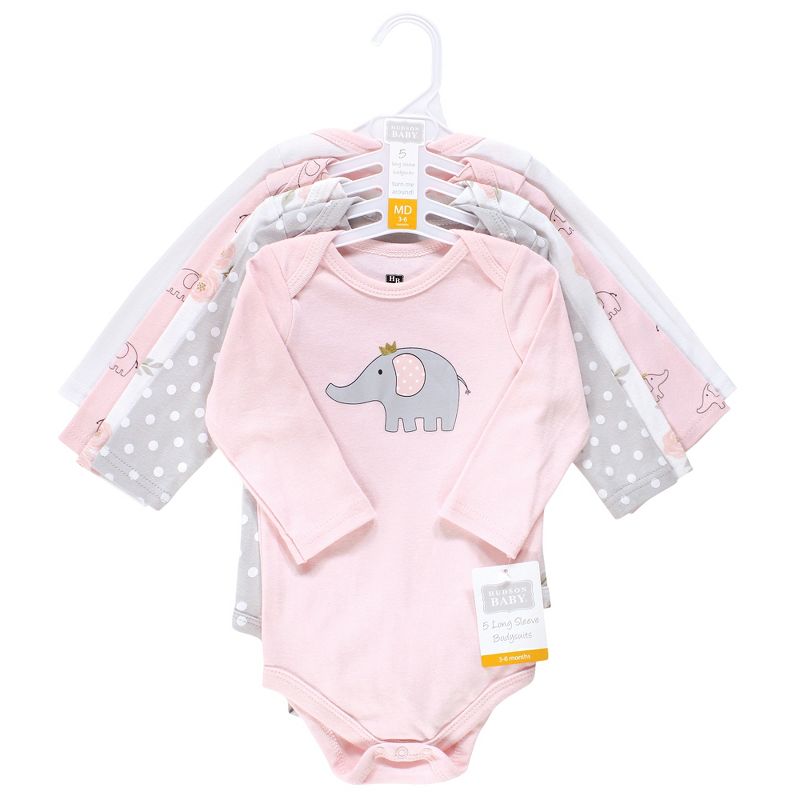 Hudson Baby Infant Girl Cotton Long-Sleeve Bodysuits, Pink Gray Elephant 5-Pack, 3 of 9