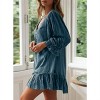 Womens Ruffled Baby Doll Dress Front Button V Neck Flowy Dress Beach Sundress with 3/4 Sleeve Linen A Line Dress Summer Mini Dress,Light Blue - S - 3 of 4
