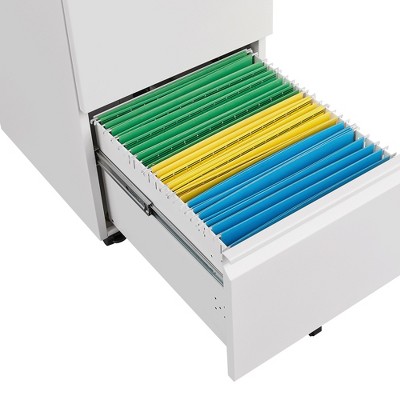 Compact locking file cart with 5-wheel stability and dual storage drawers¡ªdesigned for secure document access .