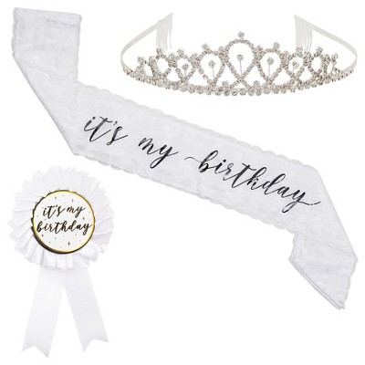 Sparkle and Bash 3 Piece Sey It's My Birthday Sash, Silver Rhinestone Tiara Crown, Ribbon Badge Pin for Women, White