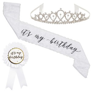 Sparkle and Bash 3 Piece Sey It's My Birthday Sash, Silver Rhinestone Tiara Crown, Ribbon Badge Pin for Women, White - 1 of 4