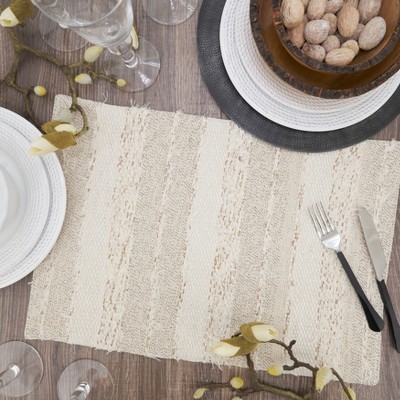 Ivory and Beige Cotton Fringe Stripe Placemats, Set of 4