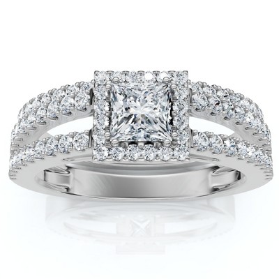 Pompeii3 3/4ct Princess Cut Split Shank Engagement Ring Set 14K White Gold