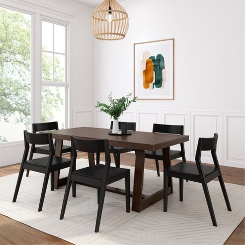 Plank+beam 72" Classic Solid Wood Dining Table Set, Walnut Wirebrush, + 6 Chairs Black : Target
