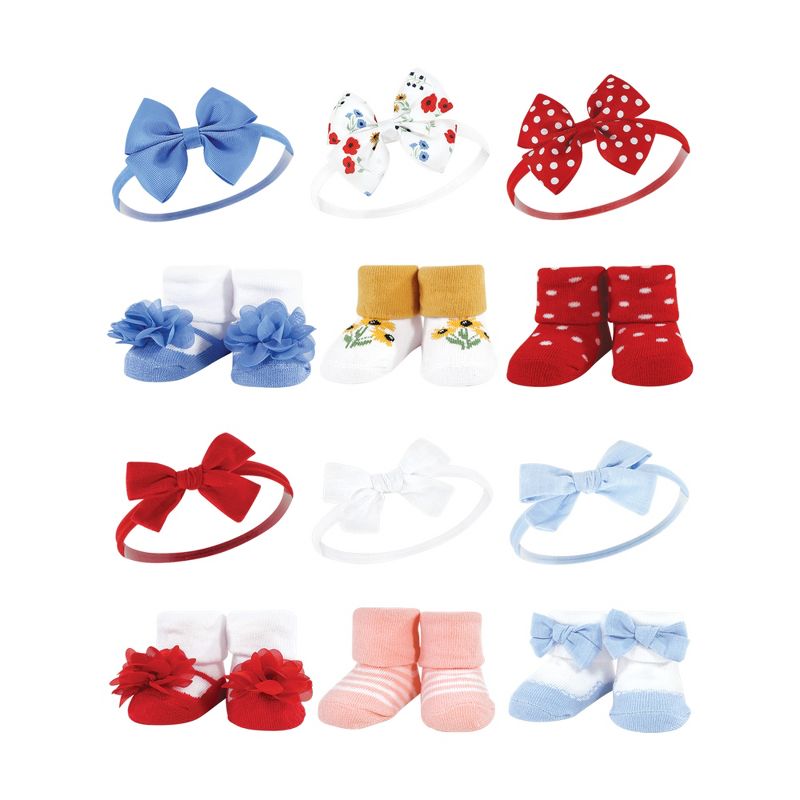 Hudson Baby Infant Girl 12Pc Headband and Socks Giftset, Wildflower Red Blue, One Size, 1 of 4