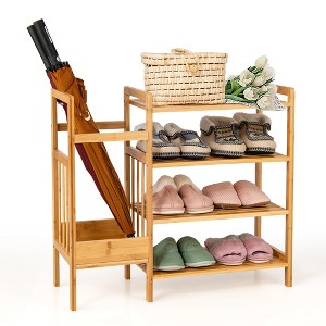 Costway 4-Tier Bamboo Shoe Rack Entryway Organizer w/Umbrella Holder & Shelves - 1 of 4