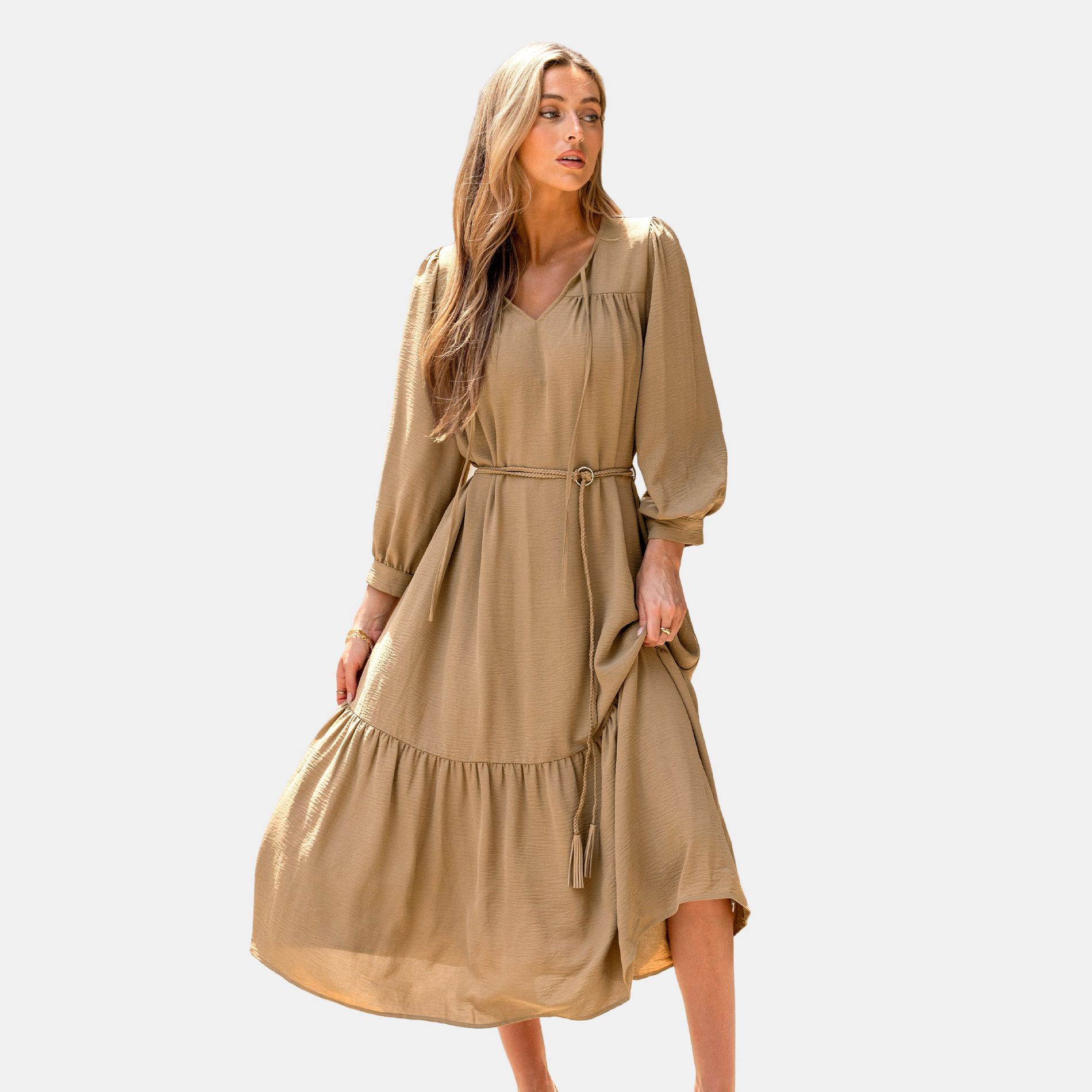Women's Bohemian Taupe Tiered Midi Dress with - Cupshe-L-Brown