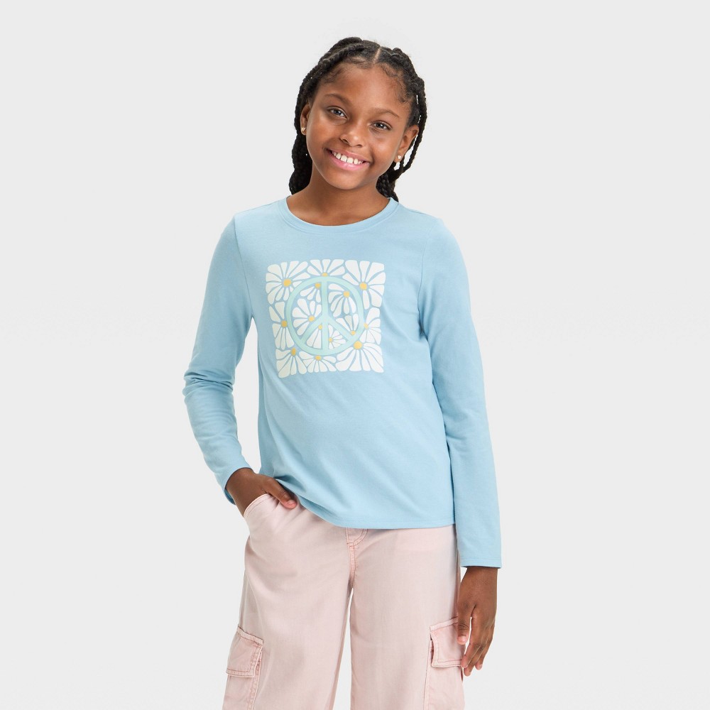 Girls' Long Sleeve 'Peace' Graphic T-Shirt - Cat & Jack™ Dusty Blue XS