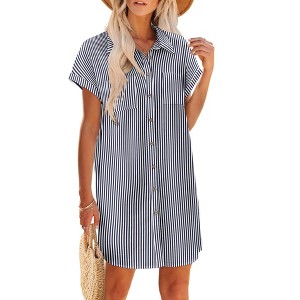 Button Down Shirtsdress for Women Summer 2025 Short Sleeve Shift Dress Striped Shirt Dress Cap Sleeve Mini Casual Sundress with Chest Pocekts - 1 of 4