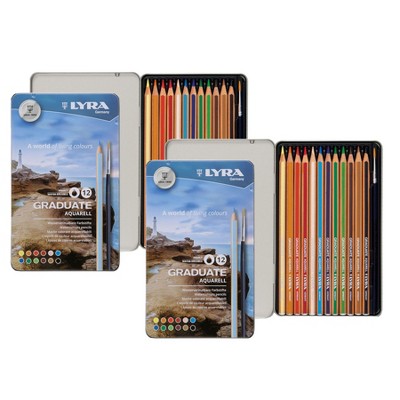 Lyra® Graduate Watercolor Pencils Set Tin with Brush, Assorted Colors, 12 Per Set, 2 Sets