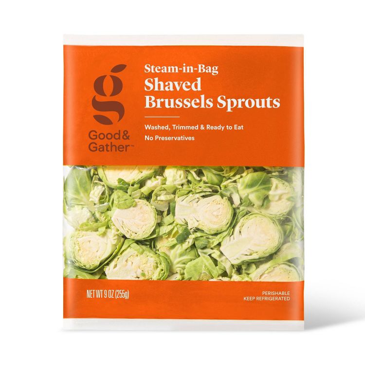 Package of Good & Gather Steam-in-Bag Shaved Brussels Sprouts, 9 oz (255g), with an orange label.