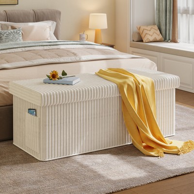 Pinmoco 43" Folding Storage Ottoman Bench with White Blanket and Side Pocket, Corduroy Storage Bench Entryway Bench for Bedroom, Living Room