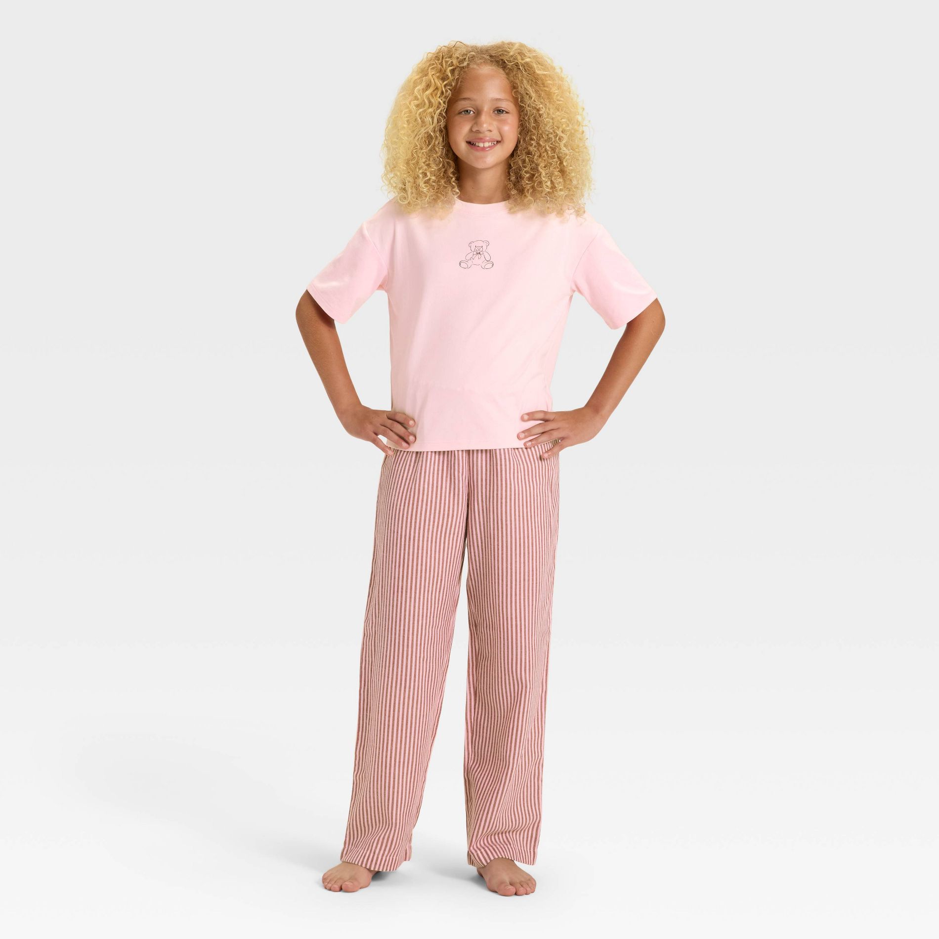 Girls' Bear Short Sleeve T-Shirt and Flannel Pants Pajama Set - art class™ Pink L