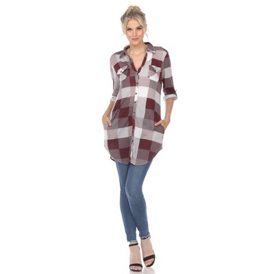 Women's  Roll Tab Sleeve Plaid Buttoned Top - White Mark