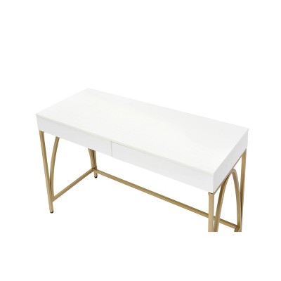 Executive White Gloss & Gold Wood Desk with Drawers & Keyboard Tray