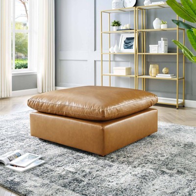 Plush Overstuffed Tan Vegan Leather Ottoman