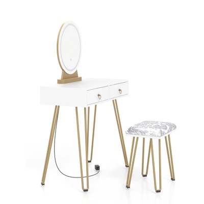 Small White Makeup Vanity Set with Lighted Mirror - 3 Lighting Modes, Soft Cushioned Stool & 2 Drawers for Bedroom