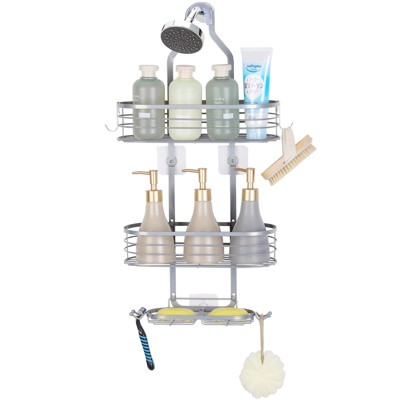 Oumilen Over the Shower Head Caddy Organizer, Shower Storage Rack Shelf with Hooks & Soap Holder, Silver