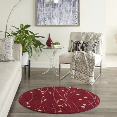 Red Round Floral Synthetic Easy Care Rug, 5'3"