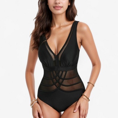 Anna-Kaci Swim Women's Mesh Panel One Piece Swimsuit with Deep V Neck and Geometric Striped Waist Design