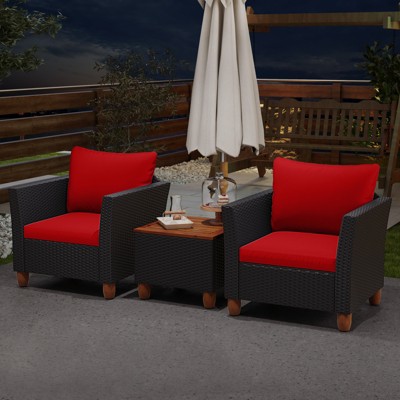 Red Cushioned Rattan Patio Set with Acacia Wood Table